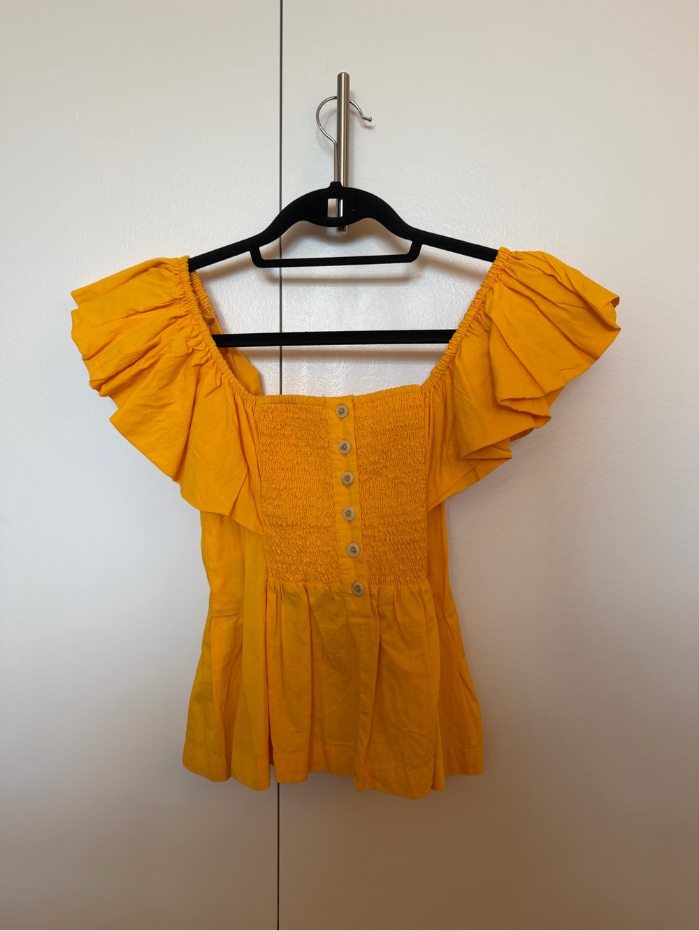 Free People Yellow Off-Shoulder Ruffle Smocked Button Top